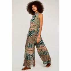 Apricot Green & Yellow Geometric Patchwork 70s Halter Jumpsuit