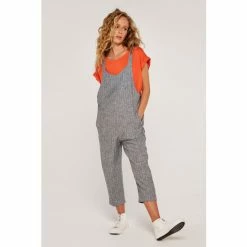 Apricot Grey Pinstripe Tie Shoulder Jumpsuit