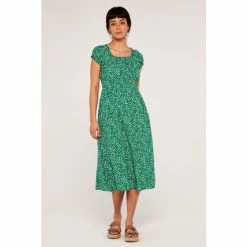 Apricot Green Brush Dot Milkmaid Midi Dress