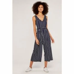 Apricot Navy Stripe V Neck Pocket Jumpsuit
