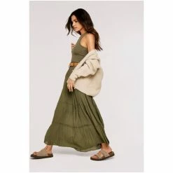 Apricot Green Slub Shimmer Belt Maxi Skirt -Apricot Shop unnamed file 2062