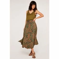 Apricot Khaki Green Paisley Print Curved Hem Skirt