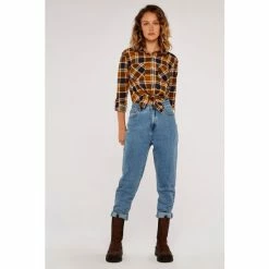 Apricot Brown & Navy Check Tie Front High Low Shirt