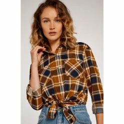 Apricot Brown & Navy Check Tie Front High Low Shirt -Apricot Shop unnamed file 2180