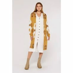 Apricot Mustard Yellow Print Longline Hooded Cardigan