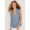 Apricot Blue Washed Denim Ruffle Neck Top
