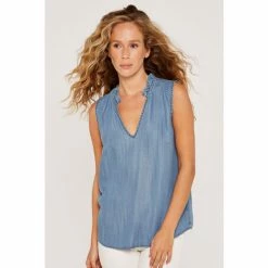 Apricot Blue Washed Denim Ruffle Neck Top
