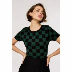 Apricot Green Chequered Short Sleeve Knit Top