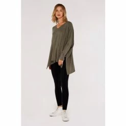 Apricot Khaki Green Waffle V-Neck Oversized Top