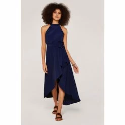 Apricot Navy Blue Halter Neck Wrap Skirt Dress