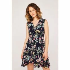 Apricot Blue Floral Sleeveless Tiered Ruffle Dress