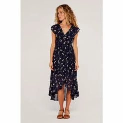 Apricot Blue Botanical Ruffle Wrap Midi Dress