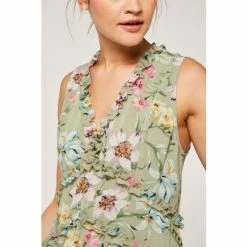 Apricot Green Floral Sleeveless Tiered Ruffle Dress