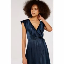 Apricot Blue Satin Ruffle Detail Wrap Dress