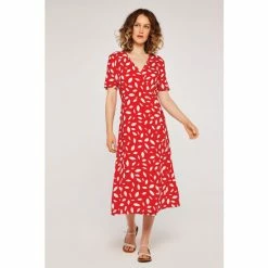 Apricot Red Falling Leaves Wrap Midi Dress