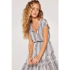 Apricot Blue Stripe Shirred Waist Ruffle Dress