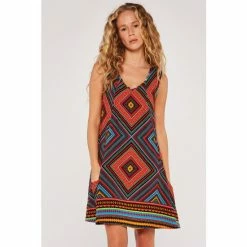 Apricot Red & Blue Geo Print V-Neck Bakery Dress