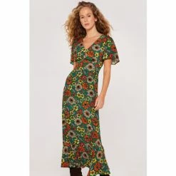 Apricot Green 70s Floral Angel Sleeve Midi Dress