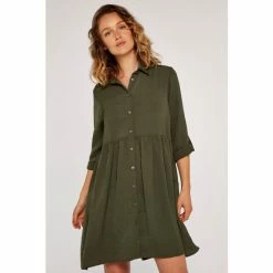 Apricot Khaki Green Tiered Back Swing Shirt Dress