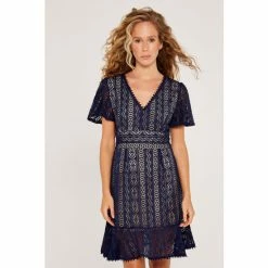 Apricot Blue Lace Ruffle Detail Dress