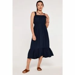 Apricot Blue Self Check Smocked Waist Dress