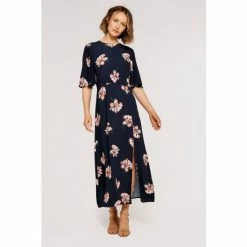 Apricot Blue Floral Angel Sleeve Midi Dress