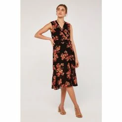 Apricot Black Graphic Floral Sleeveless Wrap Dress
