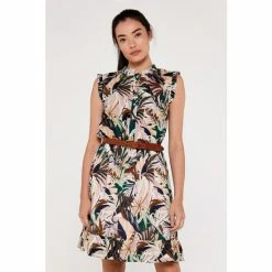 Apricot Pink Tropical Leaf Ruffle Cotton Dress