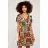Apricot Orange Yellow & Black Patchwork Paisley Drawstring Dress