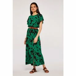 Apricot Green Silhouette Floral Leaf Smock Dress