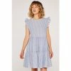 Apricot Blue Mix Stripe Lines Tiered Dress