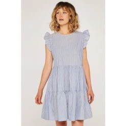 Apricot Blue Mix Stripe Lines Tiered Dress