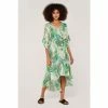 Apricot Cream & Green Tropical Leaf Ruffle Sleeve Midi Dress