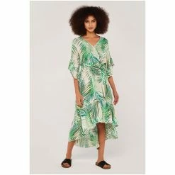 Apricot Cream & Green Tropical Leaf Ruffle Sleeve Midi Dress -Apricot Shop unnamed file 529