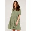 Apricot Green Tiered Puff Sleeve Slub Dress