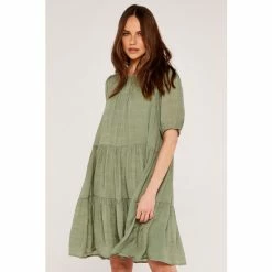Apricot Green Tiered Puff Sleeve Slub Dress