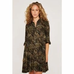 Apricot Khaki Green Zebra Print Silhouette Swing Shirt Dress