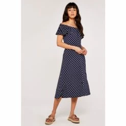 Apricot Blue Polkadot Ruffle Bardot Dress