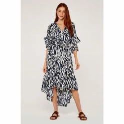 Apricot Navy Blue & White Brushstroke Zebra Dip Hem Dress