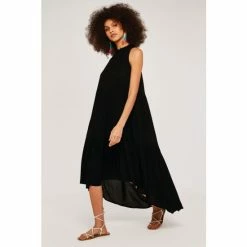 Apricot Black High Ruffle Neck Midi Dress