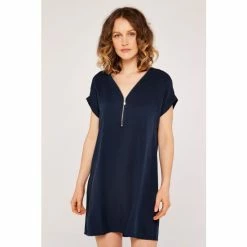 Apricot Blue Tencel Zip Front Turn Up Dress