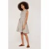 Apricot Neutral Pinstripe Button Tie Waist Dress