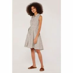 Apricot Neutral Pinstripe Button Tie Waist Dress