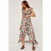 Apricot Cream Multi Palm Print Ruffle Wrap Midi Dress