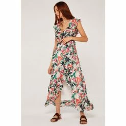 Apricot Cream Multi Palm Print Ruffle Wrap Midi Dress