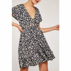 Apricot Black Floral Tie Front Cut Out Dress