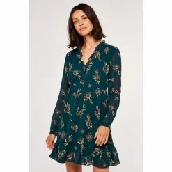 Apricot Green Floral Bunches Ditsy Ruffled Dress