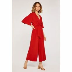 Apricot Red Classic Tie Front V-Neck Jumpsuit