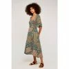 Apricot Brown & Green Geometric Patchwork Cocoon V Neck Dress