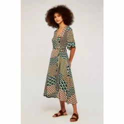 Apricot Brown & Green Geometric Patchwork Cocoon V Neck Dress